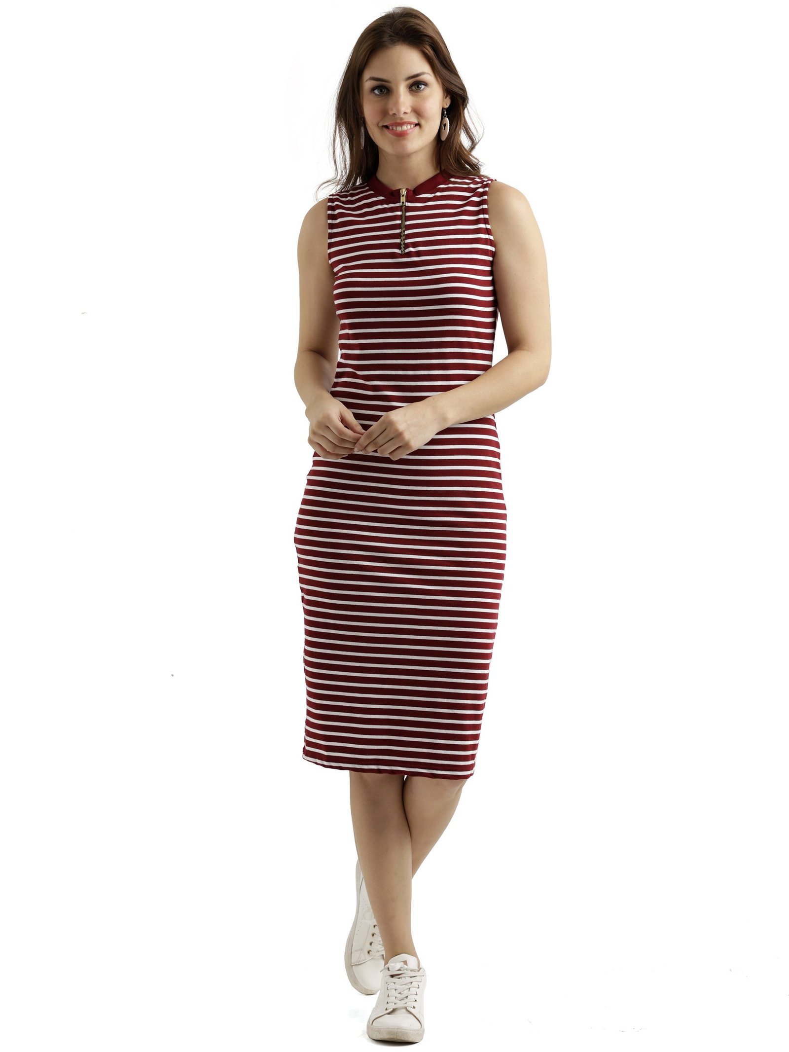 Miss Chase Women’s Comfortable Round Neck Sleeveless Striped Midi Bodycon Dress with Zipper