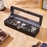 Amazon Basics Unisex Faux Leather Watch Organizer Box with 6 Slots |Watch Organizer with Transparent Lid (Black)