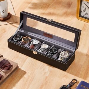 Amazon Basics Unisex Faux Leather Watch Organizer Box with 6 Slots |Watch Organizer with Transparent Lid (Black)