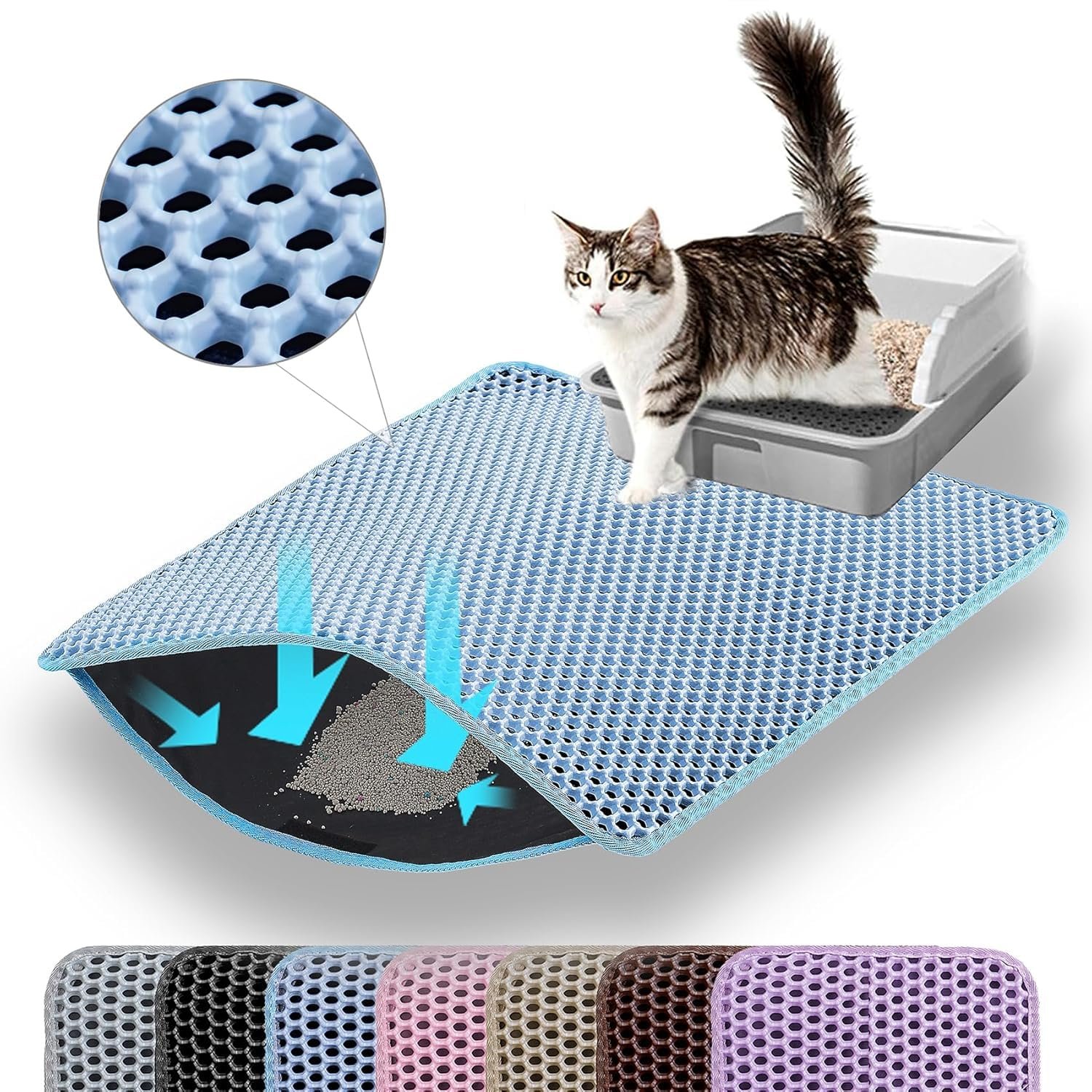 Large Cat Litter Box Mat: Easy Clean Kitty Litter Trapping Mat for Floor, Plastic Cat Box Pad (Blue, Small -(60 * 40cms))