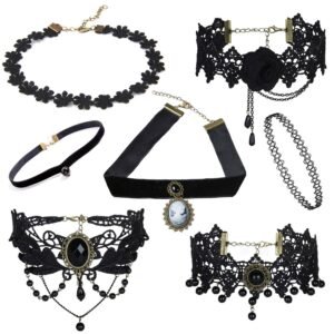 Shining Diva Fashion Jewellery Girls/Women’s Black Fabric Lace Chokers Stylish Necklace Combo Set of 7 Pieces (cmb271)