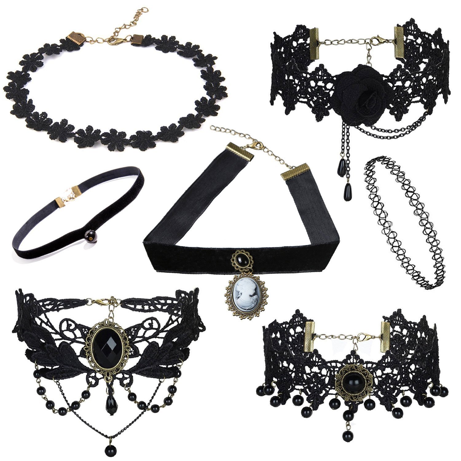 Shining Diva Fashion Jewellery Girls/Women’s Black Fabric Lace Chokers Stylish Necklace Combo Set of 7 Pieces (cmb271)