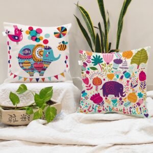 STITCHNEST Set of 2 Polycotton Cushion Covers – 16×16 Inches – Multicolor Elephant & Jungle Print – Playful Cushion Covers for Kids Room, Sofa & Living Room Decor