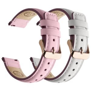Fullmosa 2 Pack 18mm Leather Watch Bands Quick Release Watch Strap for Men Women, Soft Replacement Strap Wristband with Stainless Steel Buckle,18mm White&Rose/Pink&Rose