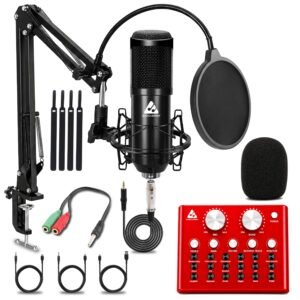 Audio Array Singing Bundle | Condenser Mic with Boom Arm & Sound Card V8 | Voice Effects, Reverb, Bluetooth | Ideal for Podcasting, Karaoke, Live Streaming, YouTube & Singing – GB-03