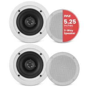 Pyle 5.25″ Ceiling Wall Mount 2-Way Mid Bass Woofer Speakers Pair 1” Polymer Dome Tweeter Flush Design w/80Hz-20kHz Frequency Response and 150 Watts Peak Easy Installation