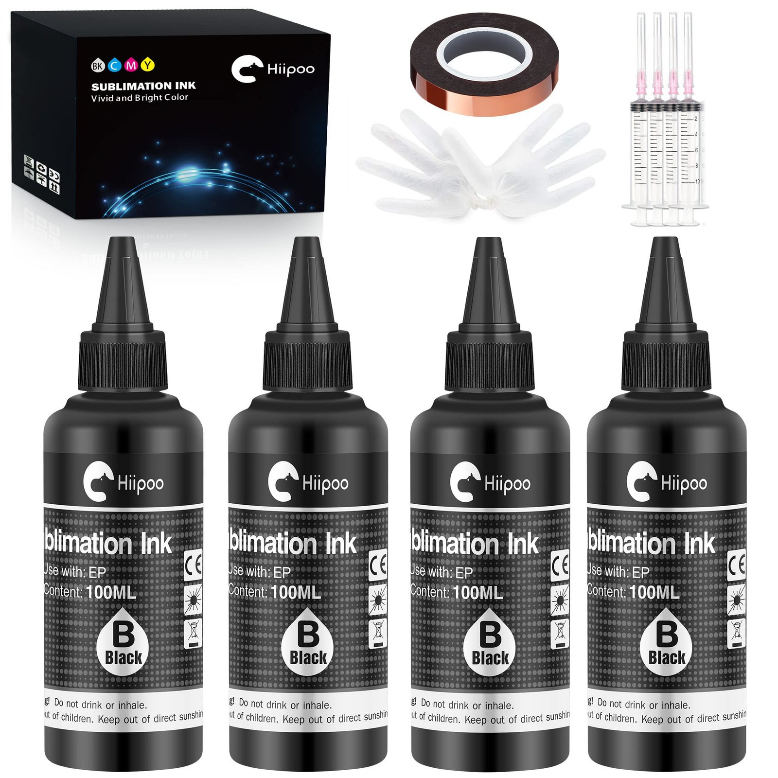 Hiipoo Sublimation Ink Refilled Bottles with Heat Tape Refill for ET2400 XP4105 XP4100 ET2720 ET2760 ET2750 ET4800 ET-2800 ET-2803 ET-2850 Inkjet Printers Heat Press Transfer on Mugs T-Shirts（4bk）