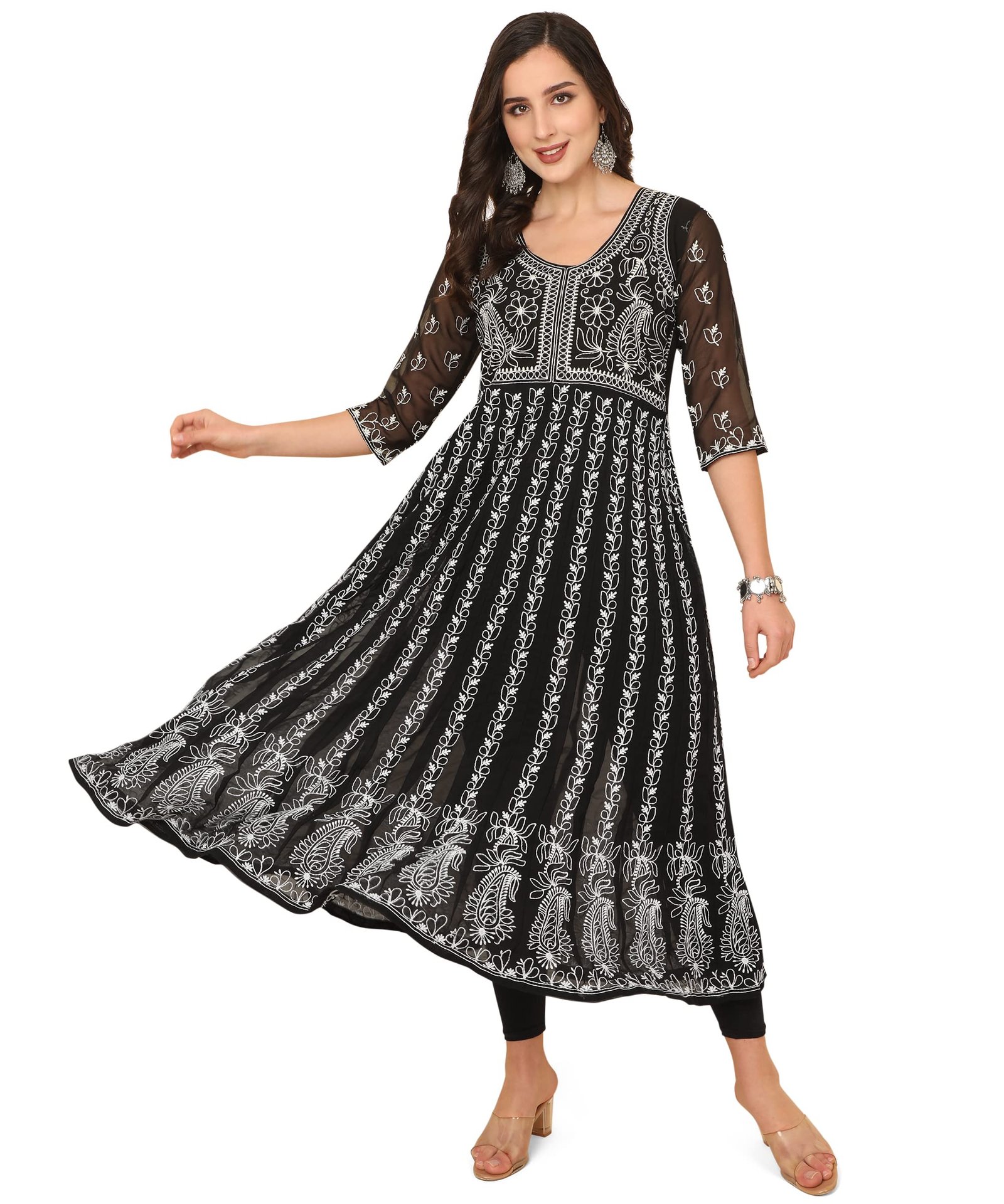 EthnicJunction Women’s Georgette Regular Fit Anarkali Chikankari Embroidered Eid Special Kurta | Eid Outfits