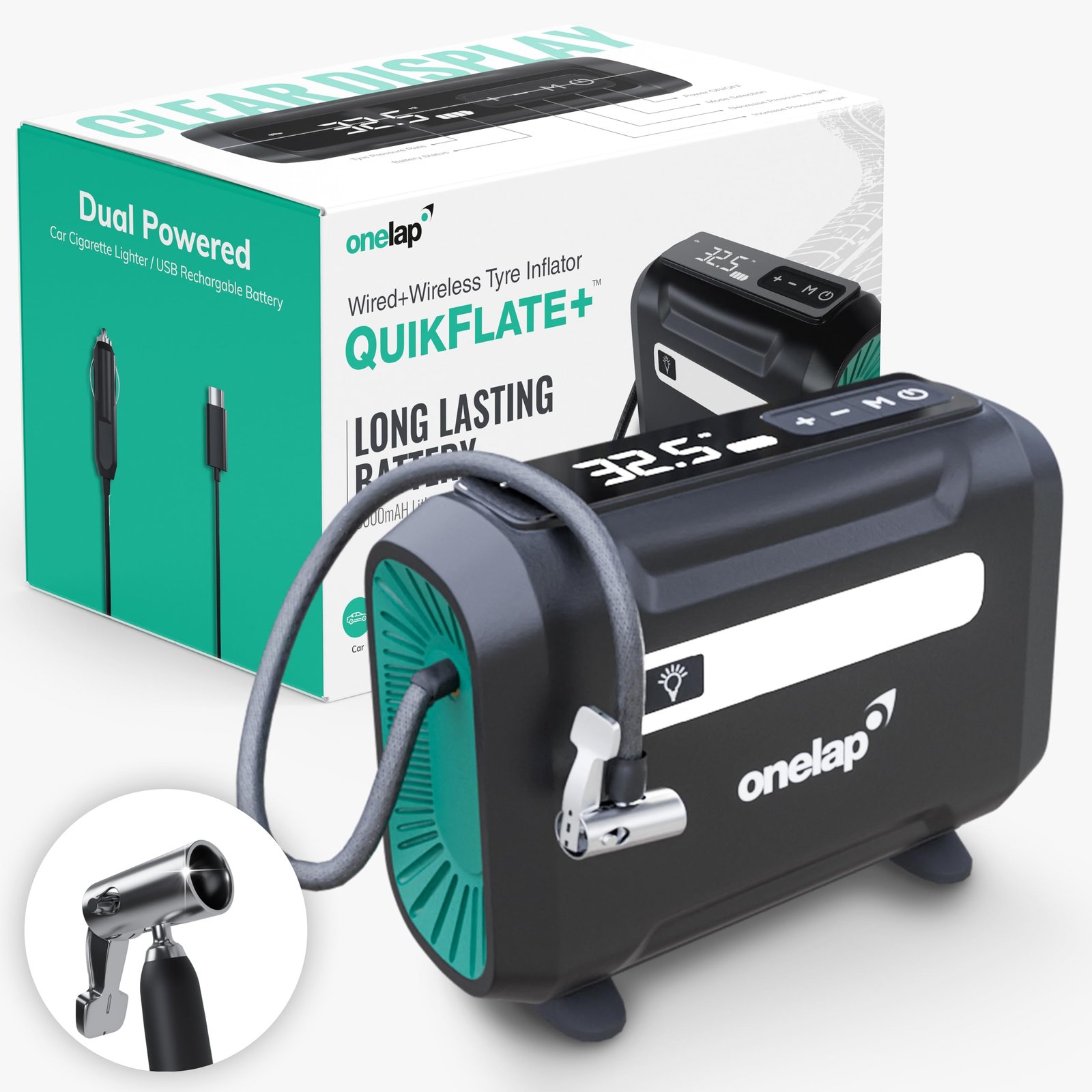 Onelap Quikflate Plus™ – Wired + Wireless (Real 7800 mAh Battery) SuperFast Digital Tyre Inflator with inbuilt Pressure Gauge for Cars, SUV, Bikes, Cycle, Balls, Balloons