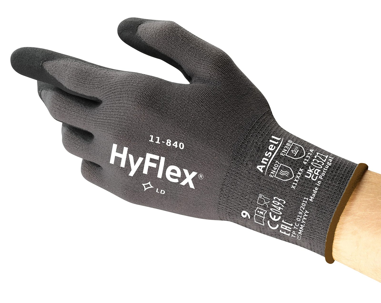 Ansell HyFlex 11-840 Professional Work Gloves, Abrasion Resistant Nitrile Coating with Firm Grip, Multipurpose Protection Gloves, Mechanical and Industrial Safety, Black, Size L (1 Pair)