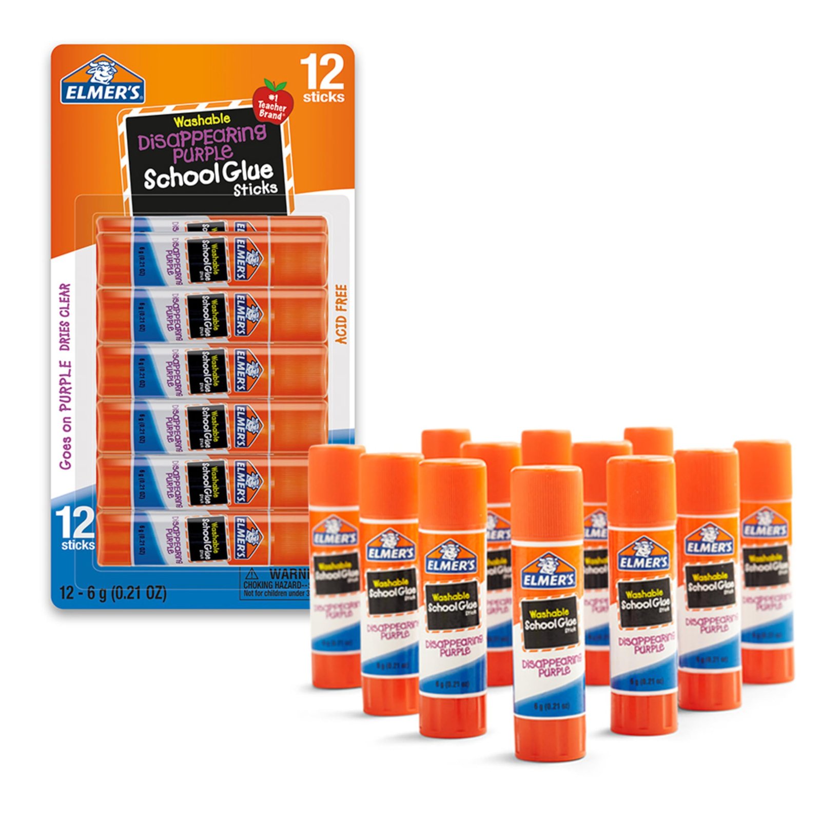 Elmer’s Disappearing Purple School Glue Sticks, 0.21 oz Each, 12 Sticks per Pack (E1559)