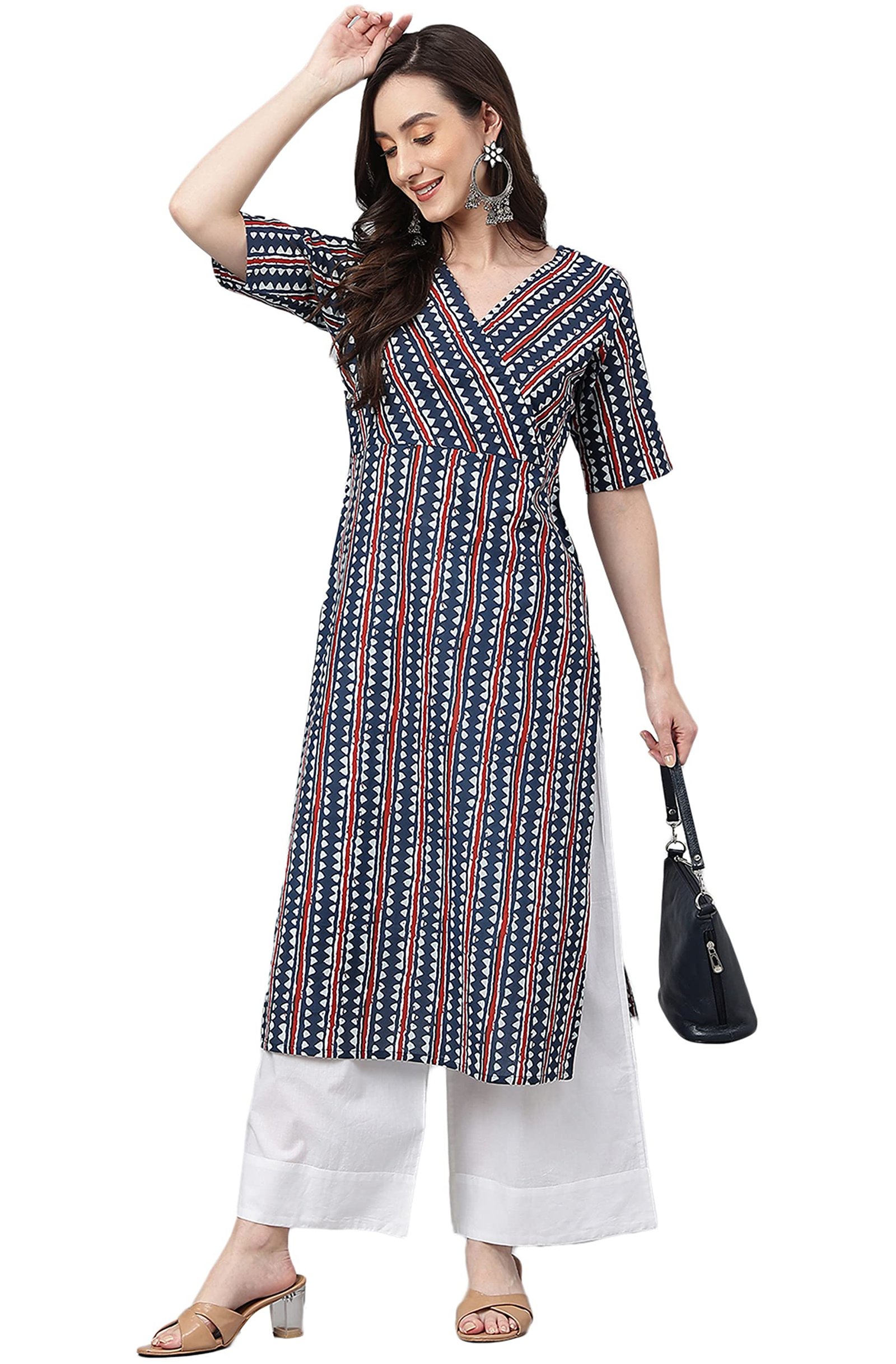 Janasya Women’s Mustard Pure Cotton Striped Printed Straight Kurta