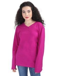 FLEXIMAA Women’s Cotton Plain V Neck Full Sleeve T-Shirt