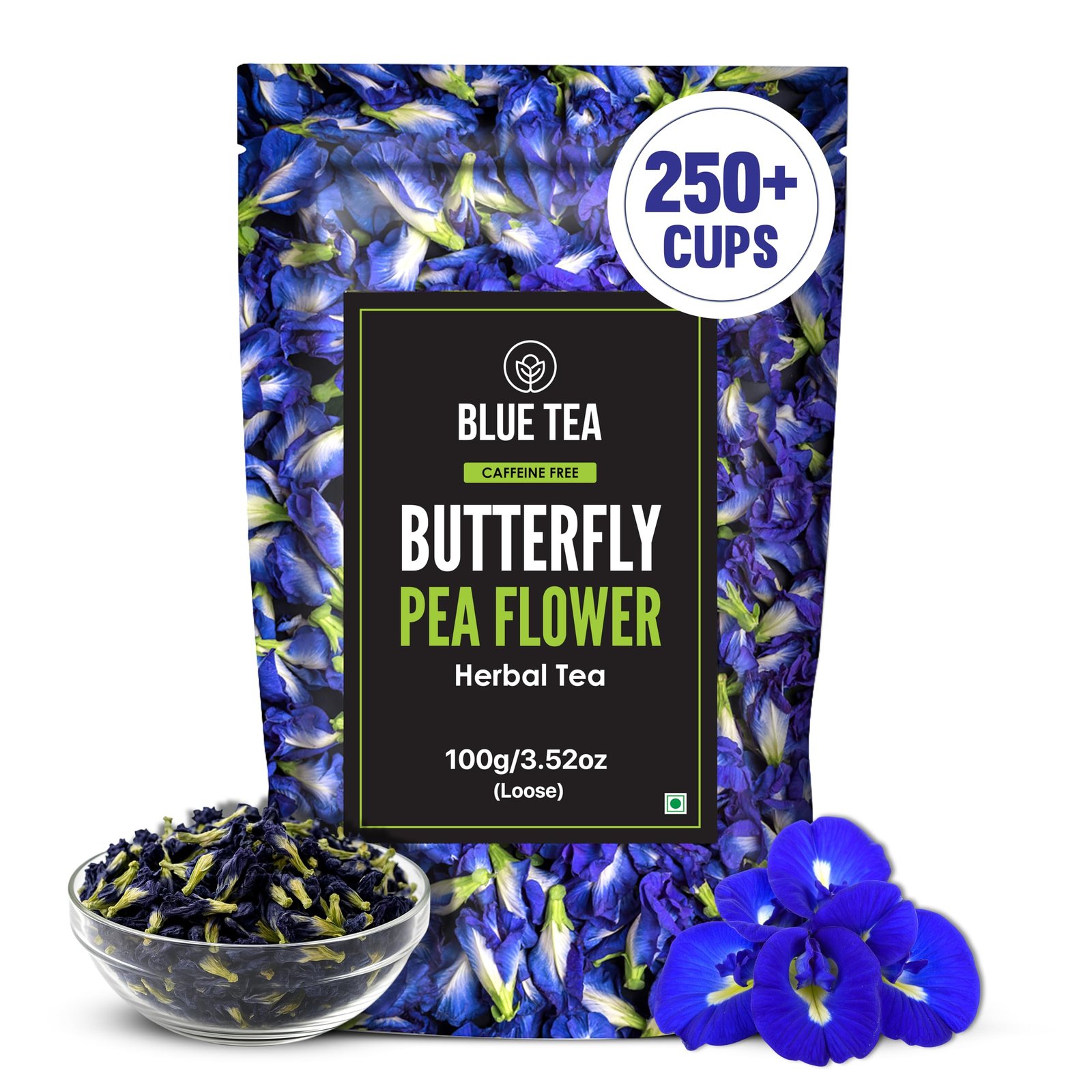 BLUE TEA – Butterfly Pea Flower Tea – 100 gm (250+ Cups) | Antioxidant Rich | Aparajita | Caffeine Free – Flower Based – Herbal Tea – Natural – Detox Tea | Ziplock Pouch