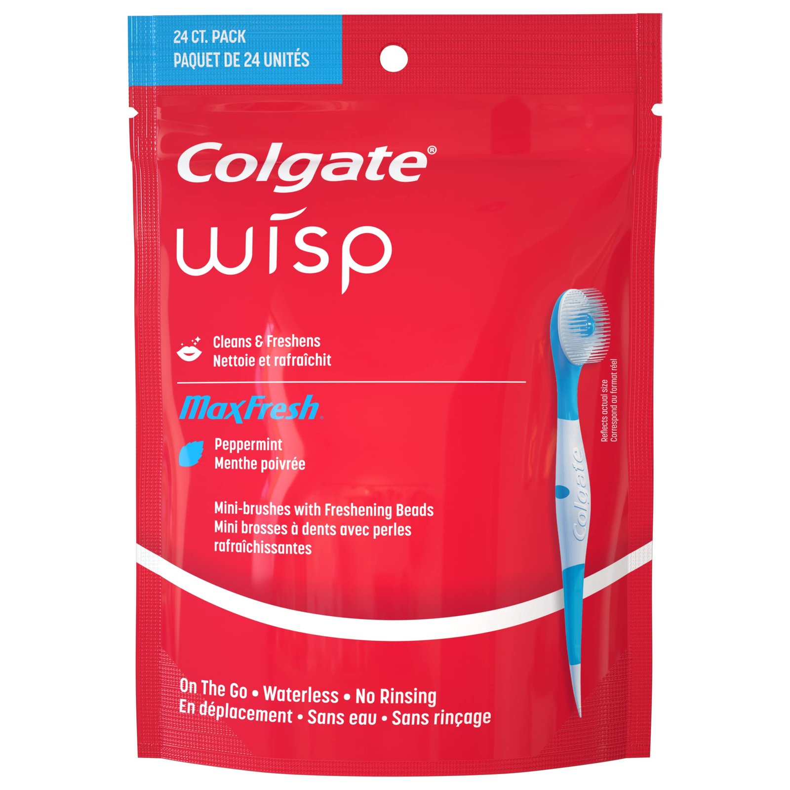 Colgate Adult Max Fresh Wisp Disposable Travel Manual Toothbrush, Peppermint – 24 Count, Red