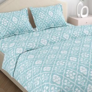 haus & kinder Bedsheet King Size Cotton Floral 186 TC, 108 * 108 Inches Bedsheets for Double Bed King Size with 2 Pillow Covers – Heritage Hues, Blue
