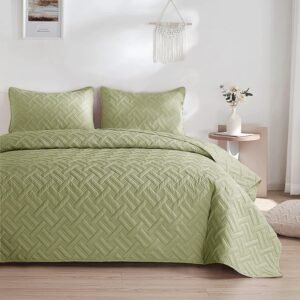 BSB HOME 100% Cotton Ultrasonic 280 Tc Solid King Size Quilted Bed Cover/Bedspread/Rajaai with 2 Pillow Case, (Luxurious, Olive Green or Pastle Green, 90X100 Inches, 254X228 cm)