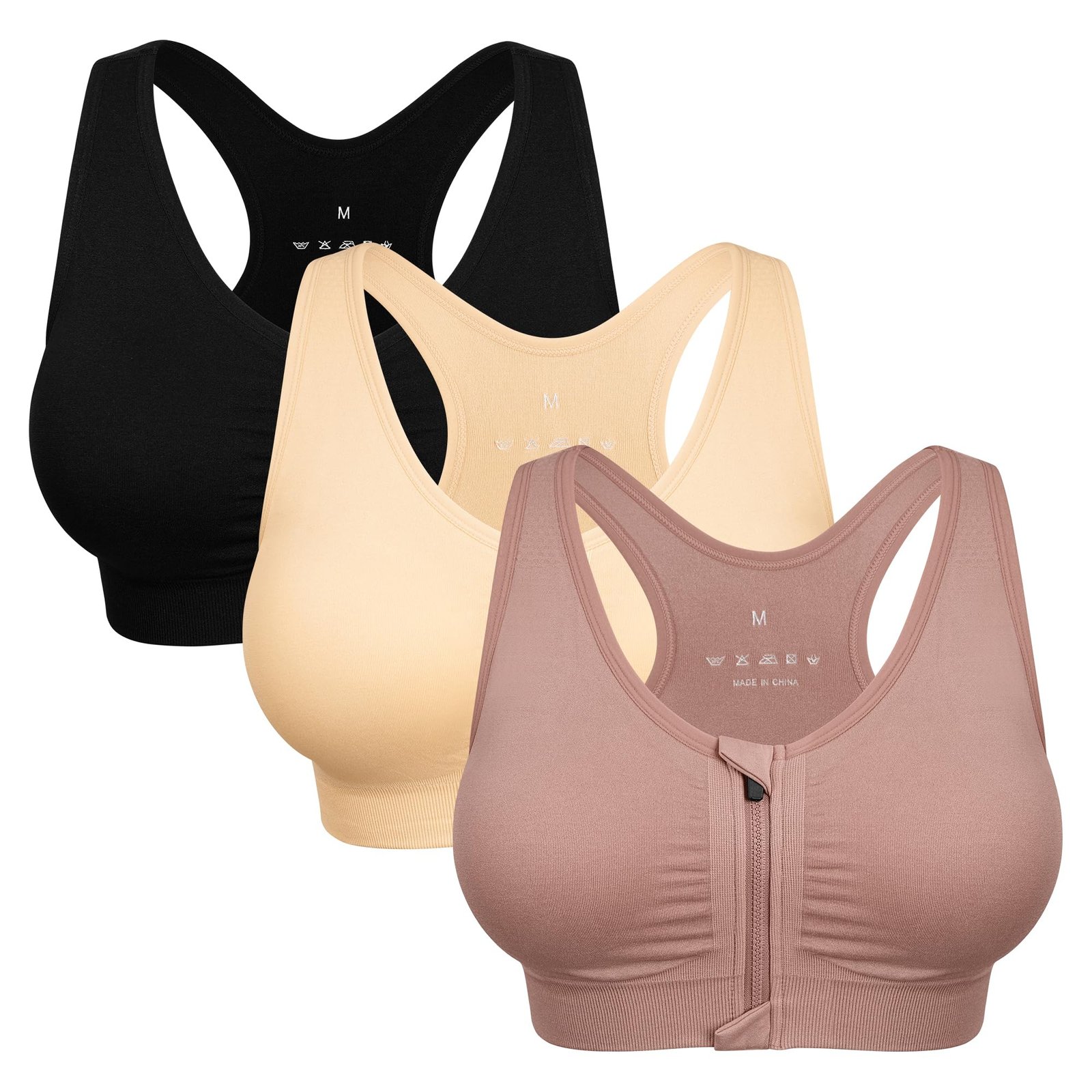 WANAYOU Women’s Zip Front Sports Bra Wireless Post-Surgery Bra Workout Bras