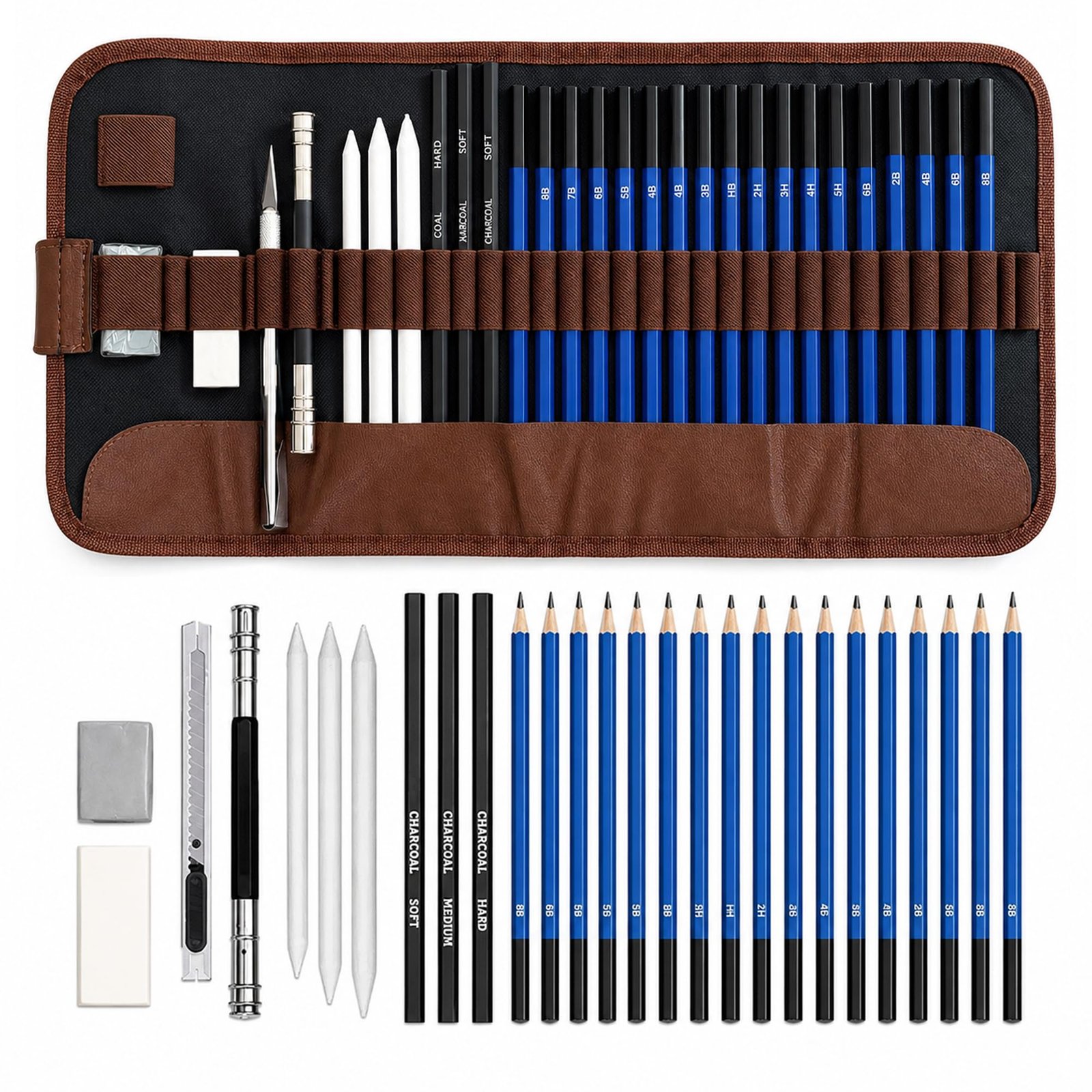 Artownlar 28 Pcs Sketching Kit, Drawing Pencils Set with Graphite & Charcoal Pencils, Blending Stumps, Erasers, Pencil Extender & Art Knife, Drawing Shading Kit for Beginners & Artists
