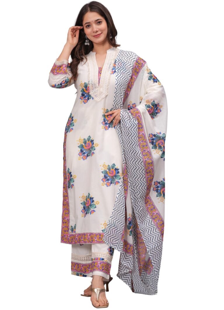 Amayra Women’s Pure Cotton Printed Straight Kurta Set with Palazzo Pants & Dupatta- Ethnic Wear, White
