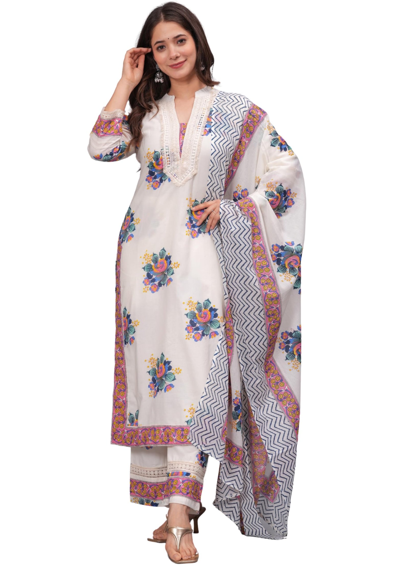 Amayra Women’s Pure Cotton Printed Straight Kurta Set with Palazzo Pants & Dupatta- Ethnic Wear, White