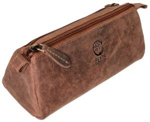 RUSTIC TOWN Leather Pencil Case – Zippered Pen Pencil Pouch for School, Work & Office (Brown)