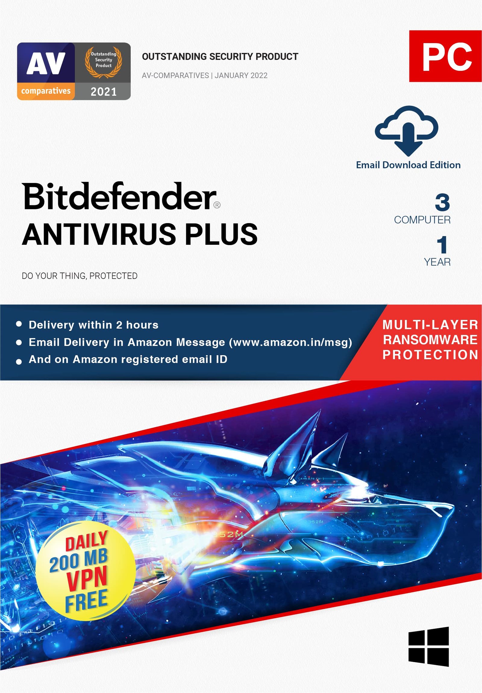 Bitdefender – 3 Computer,1 Year – Antivirus Plus | Windows | Latest Version |(Single Activation Code) Email Delivery in 2 Hours- No CD |
