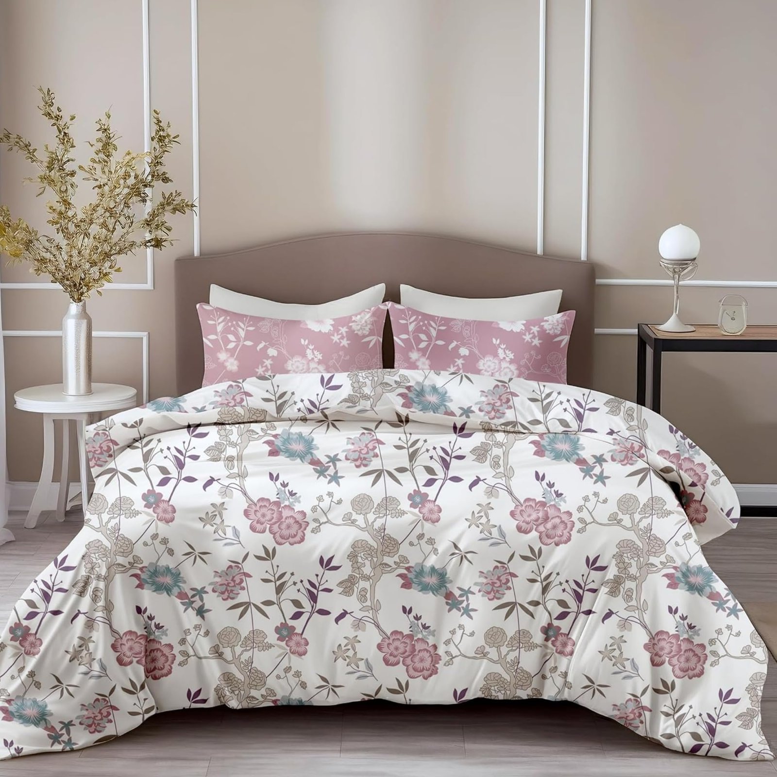 LORETO – A QUALITY LINEN BRAND 100% Pure Cotton Bedsheet for Double Bed, 144TC Soft & Breathable Double Bed Bedsheet with 2 Pillow Covers (Blush Pink & Teal Blooms, 88 x 90 Inches)