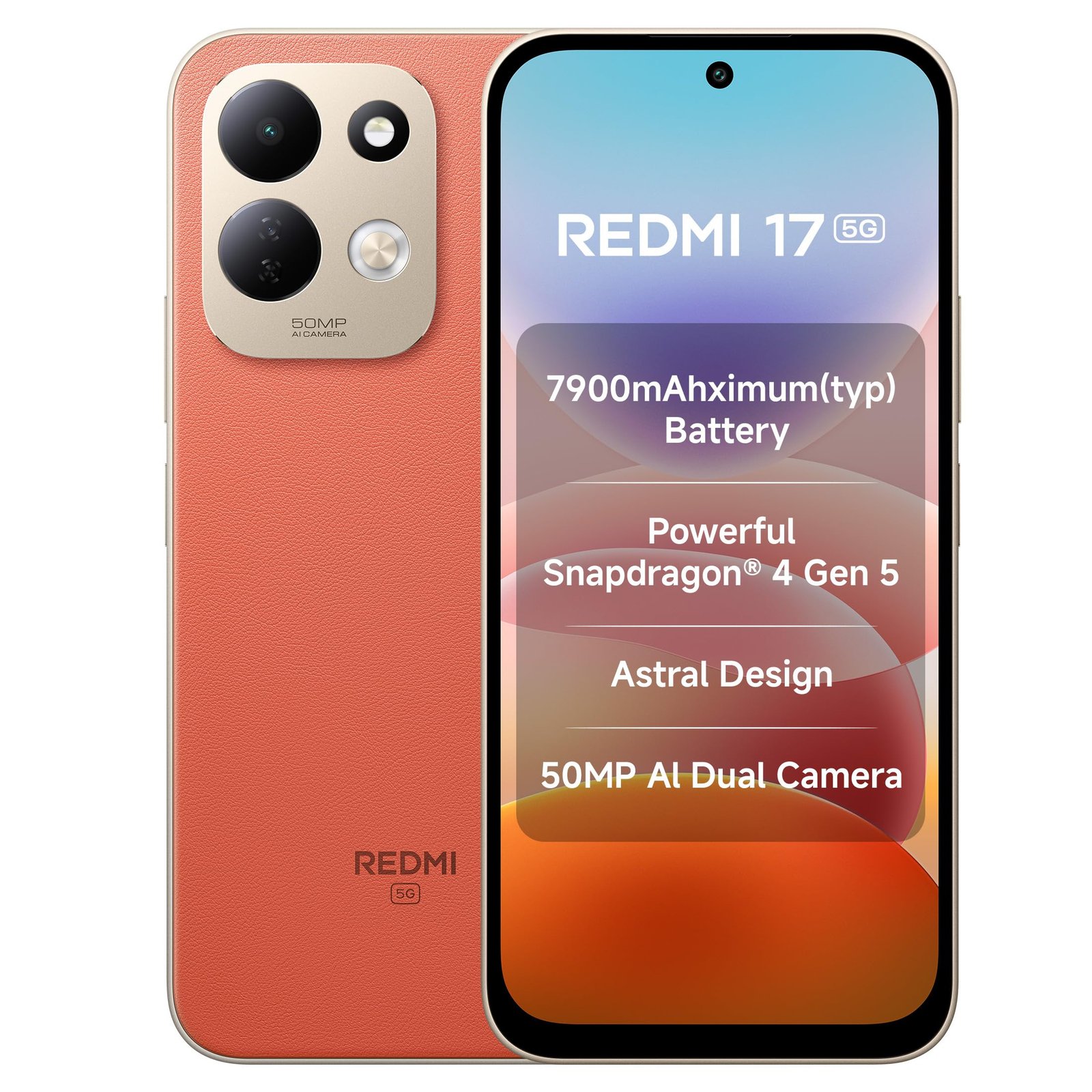 Redmi 17 5G (Eternal Orange, 8GB RAM, 128GB ROM) | 7900mAh Battery + 45W Fast Charging | 6.9″ 120Hz Adaptive Display | Snapdragon 4 Gen 5 | 50MP Dual AI Camera | Corning® Gorilla® Glass 7i | IP64