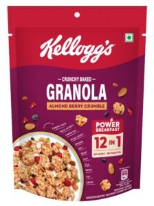 Kellogg’s Crunchy Almond Berry Crumble Granola 140g | 12-In-1 Power Breakfast | No Maida, No Palm Oil | Source of Protein & Fibre | Baked Multigrain Clusters