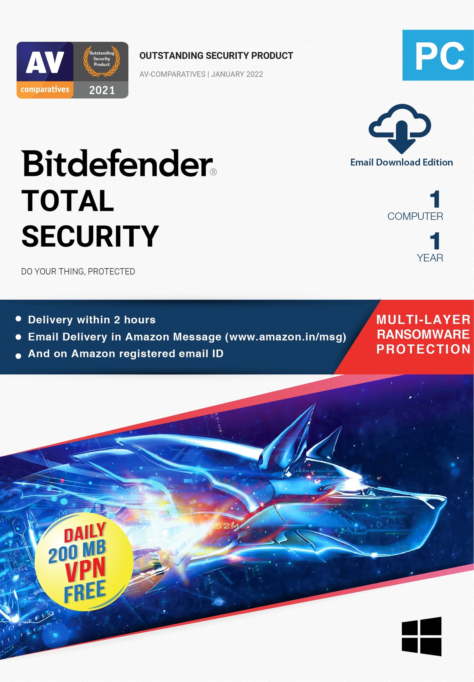 Bitdefender – 1 Computer,1 Year – Total Security | Windows | Latest Version | Email Delivery In 2 Hours- No Cd |
