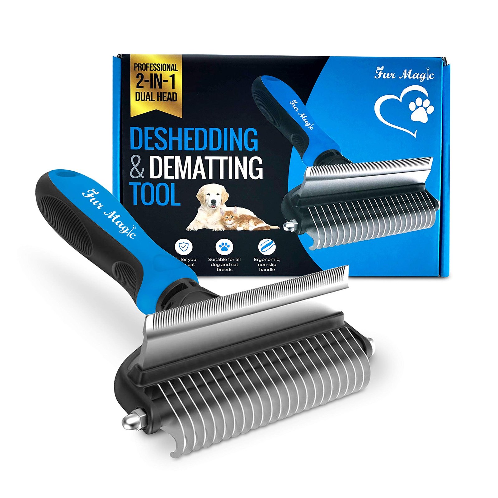 Fur Magic Deshedding and Dematting Tool, 2 Sided Pet Grooming Brush for Deshedding, Mats and Tangles Removing for Dogs and Cats with Long, Medium and Short Hair, Blue