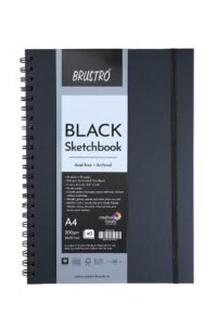 Brustro Artist’s Black Sketchbook | A4, 200GSM, 80 Pages | Spiral, Wiro Bound, Ideal for Coloured Pencils,Gel Pens, Chalk,Pastels, Metallic Colours,Charcoal,Inks, Colors, Acrylic Paint Markers