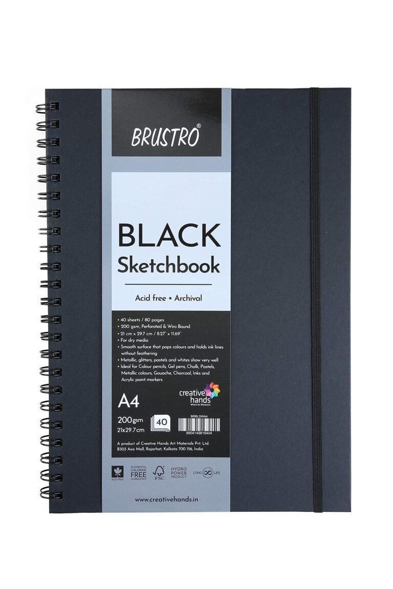 Brustro Artist’s Black Sketchbook | A4, 200GSM, 80 Pages | Spiral, Wiro Bound, Ideal for Coloured Pencils,Gel Pens, Chalk,Pastels, Metallic Colours,Charcoal,Inks, Colors, Acrylic Paint Markers