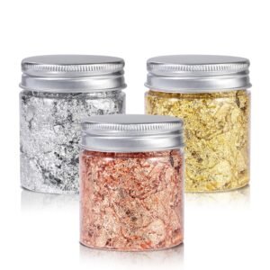 Gold Foil Flakes for Resin,3 Bottles Metallic Foil Flakes 30 Gram,YULIKTOR Imitation Gold Foil Flakes Metallic Leaf for Nails, Painting, Crafts,Slime and Resin Jewelry Making,Gold,Silver,Copper Colors