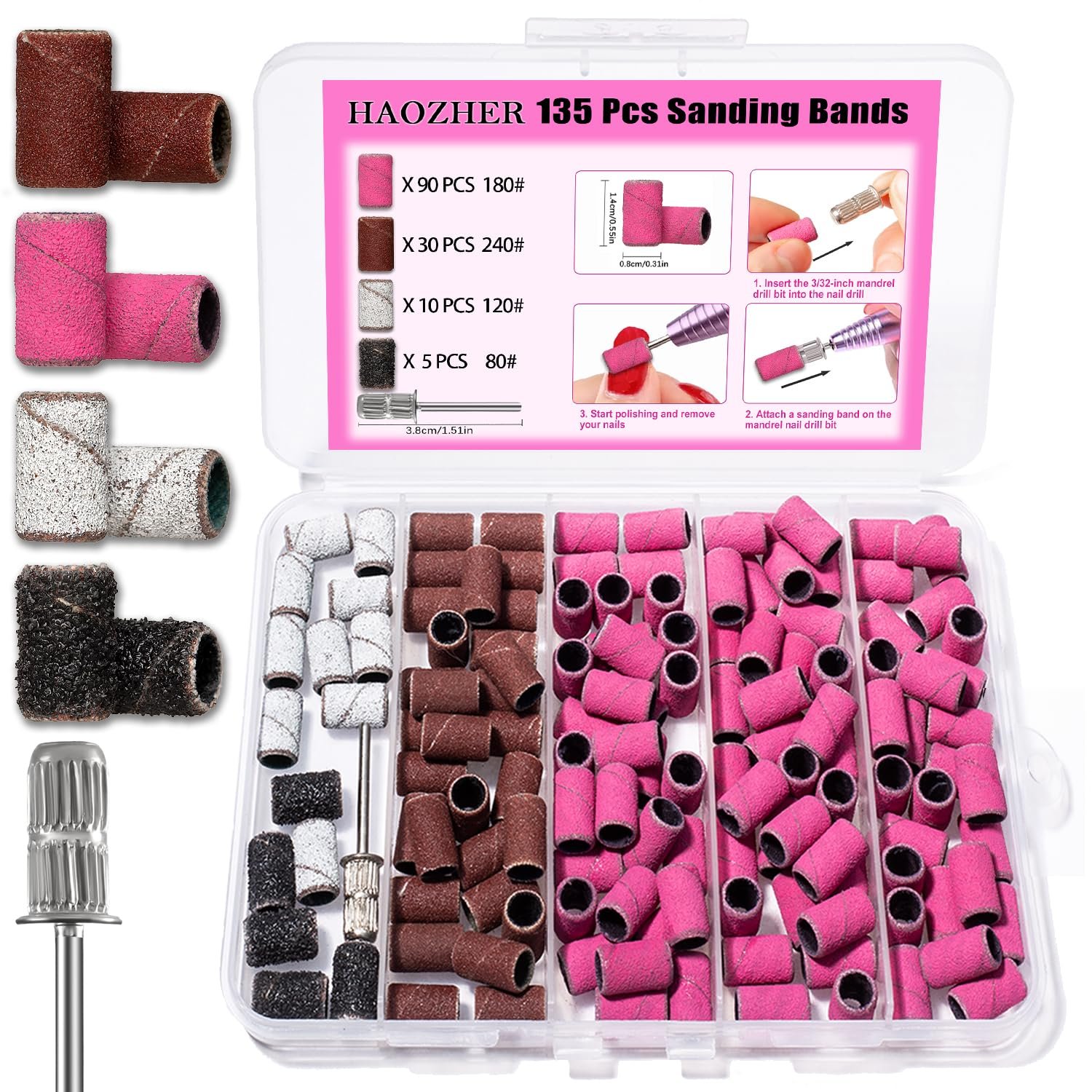 Haozher Nail Drill Bits, 135 Pcs Sanding Bands for Nail Drill, Nail Drill Tips for Drill Bits Nail Tech, Mix 80#120#180#240# Fine Grit Nail File Sanding Bands with Mandrel Bit Nail Bits for Nail Drill