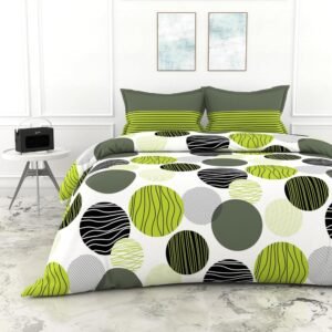 LORETO – A QUALITY LINEN BRAND 100% Pure Cotton Bedsheet for Double Bed, 144TC Soft & Breathable Double Bed Bedsheet with 2 Pillow Covers (Green and Grey Black Circle, 84 x 94 Inches)