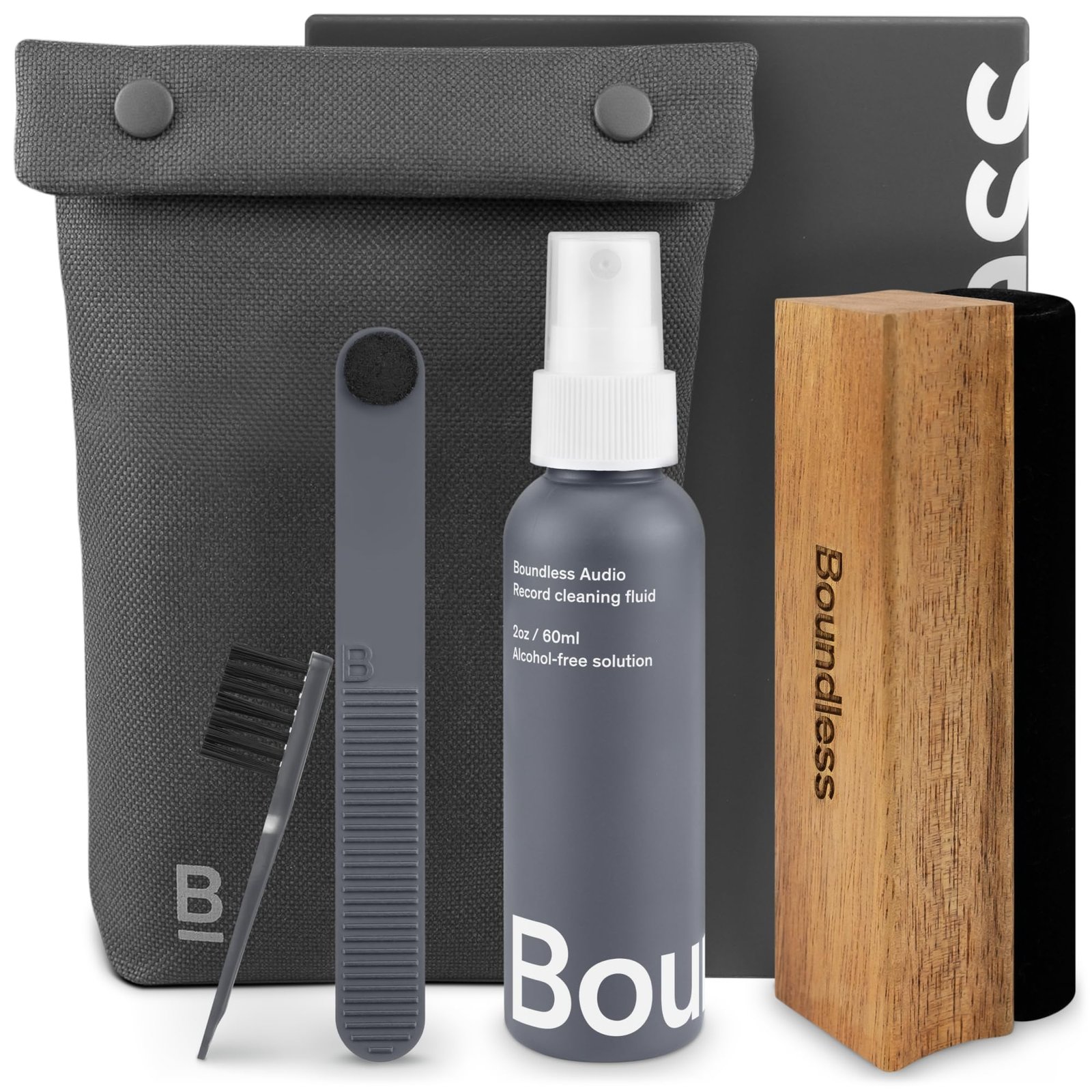 Boundless Audio Vinyl Record Cleaning Kit – 5-in-1 Brushes, Solution & Bag