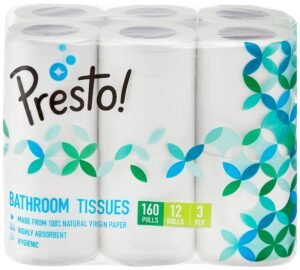 Amazon Brand – Presto! 3 Ply Toilet Paper Roll | 1920 Pulls | 160 Pulls x 12 Rolls | Soft and Highly Absorbent | OBA-Free | Smooth Feel | 100% Natural Virgin Cellulose Fiber