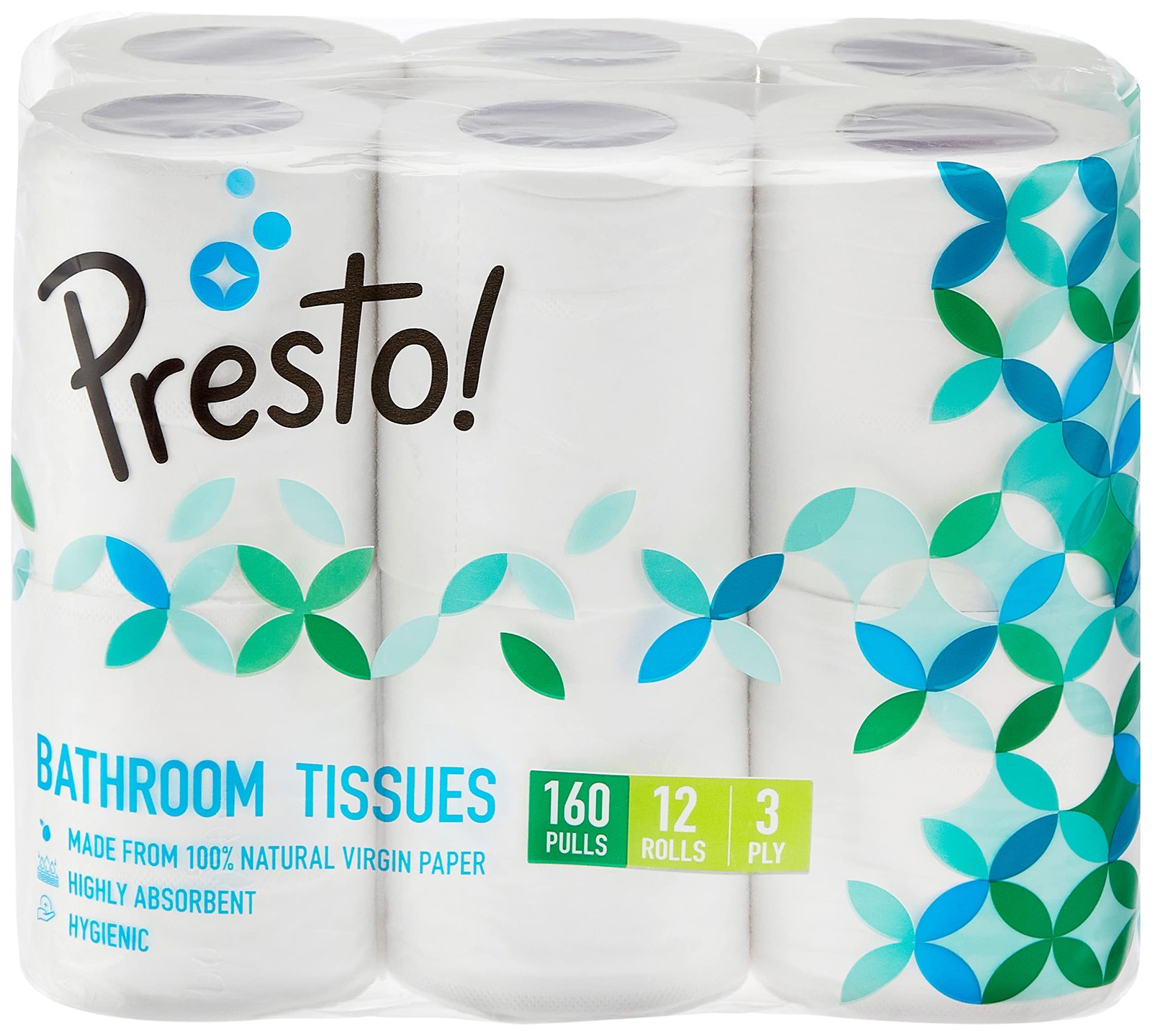 Amazon Brand – Presto! 3 Ply Toilet Paper Roll | 1920 Pulls | 160 Pulls x 12 Rolls | Soft and Highly Absorbent | OBA-Free | Smooth Feel | 100% Natural Virgin Cellulose Fiber
