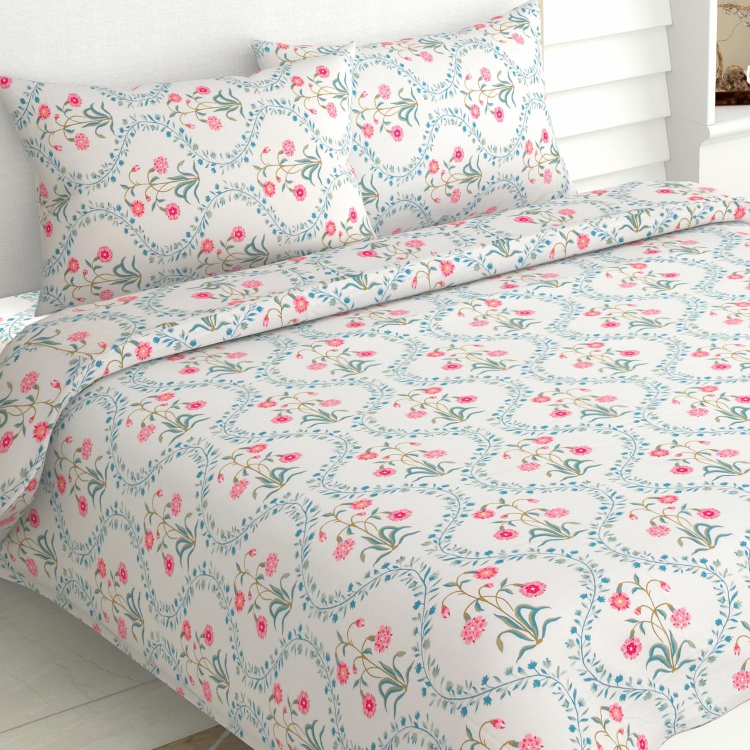 haus & kinder Double Bed Floral Bedsheet with 2 Pillow Covers| 90×100 Inches |186 TC Queen Size Cotton Bed Sheet Breathable | Soft | Pink Blossom