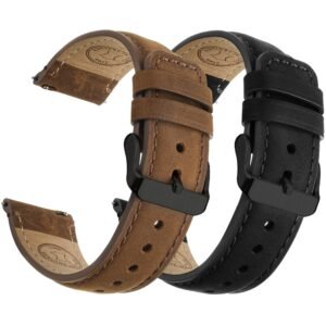 Fullmosa 2 Pack 22mm Leather Watch Bands Quick Release Watch Strap for Men Women, Soft Replacement Strap Wristband with Stainless Steel Buckle,22mm Saddle Brown&Black/Black&Black