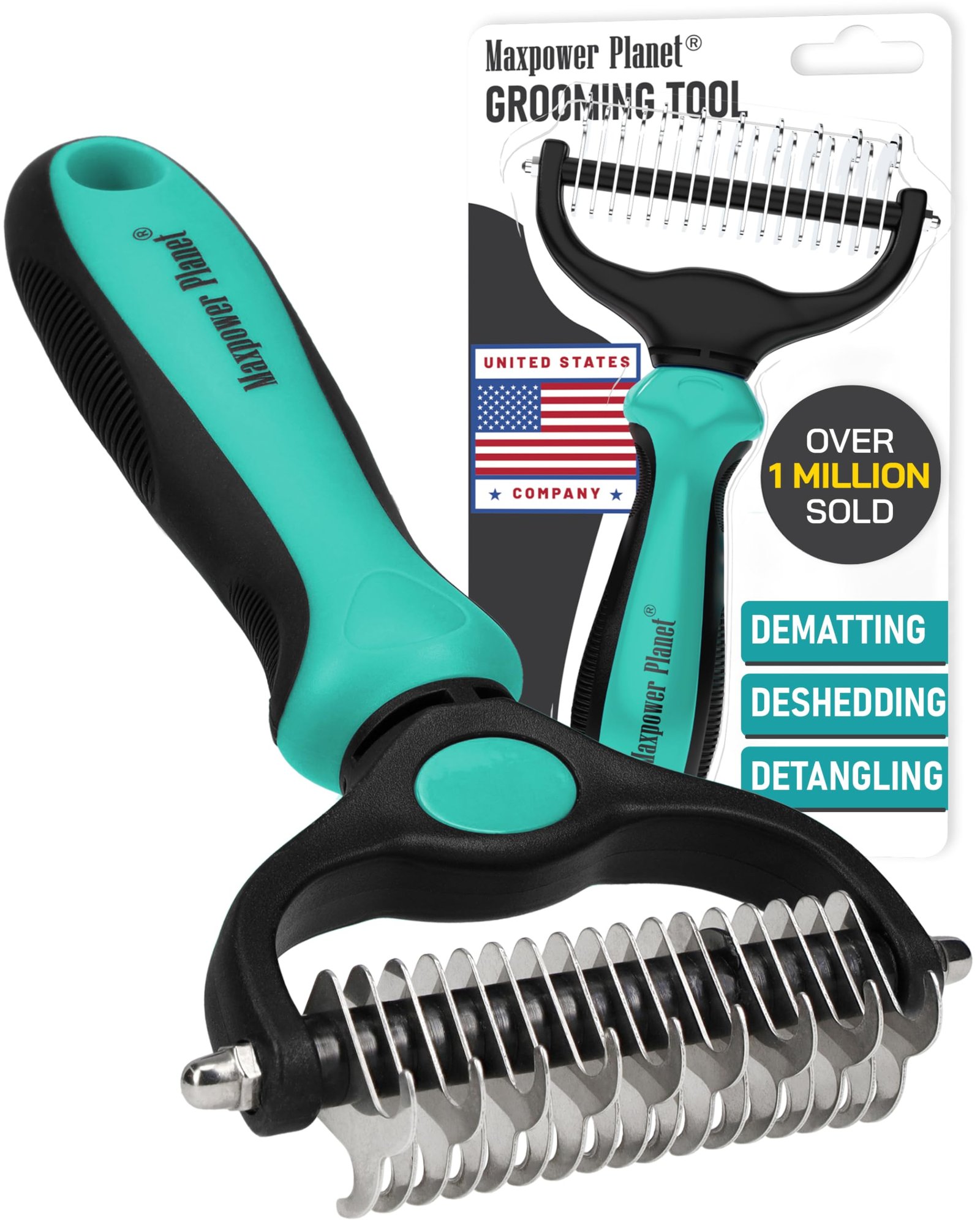 Maxpower Planet Pet Grooming Brush – Double Sided Shedding, Dematting – Undercoat Rake Dogs – Dog Grooming Brush – Deshedding Brush for Dogs – Dog Brush, Cat Brush, Reduce Shedding by 95%, Turquoise
