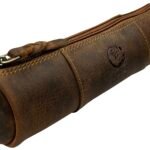 RUSTIC TOWN Leather Pencil Case Holder – Pen Pencil Pouch for Office & School – Zipper Stationary Utility Bag Pencil Kit for Girls, Boys & Kids (Brown)