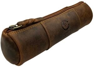 RUSTIC TOWN Leather Pencil Case Holder – Pen Pencil Pouch for Office & School – Zipper Stationary Utility Bag Pencil Kit for Girls, Boys & Kids (Brown)