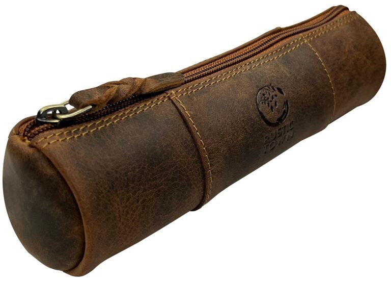 RUSTIC TOWN Leather Pencil Case Holder – Pen Pencil Pouch for Office & School – Zipper Stationary Utility Bag Pencil Kit for Girls, Boys & Kids (Brown)