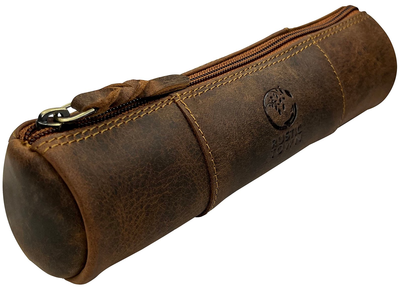 RUSTIC TOWN Leather Pencil Case Holder – Pen Pencil Pouch for Office & School – Zipper Stationary Utility Bag Pencil Kit for Girls, Boys & Kids (Brown)