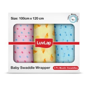 LuvLap 100% Cotton Muslin Baby Swaddle Set, Baby Towel, Size-120cm x 100cm (47″x39″), Dots Hearts Print, 0-18 Month+, Printed Mulmal Muslin Swaddle Wrap for New Born, Pack of 3