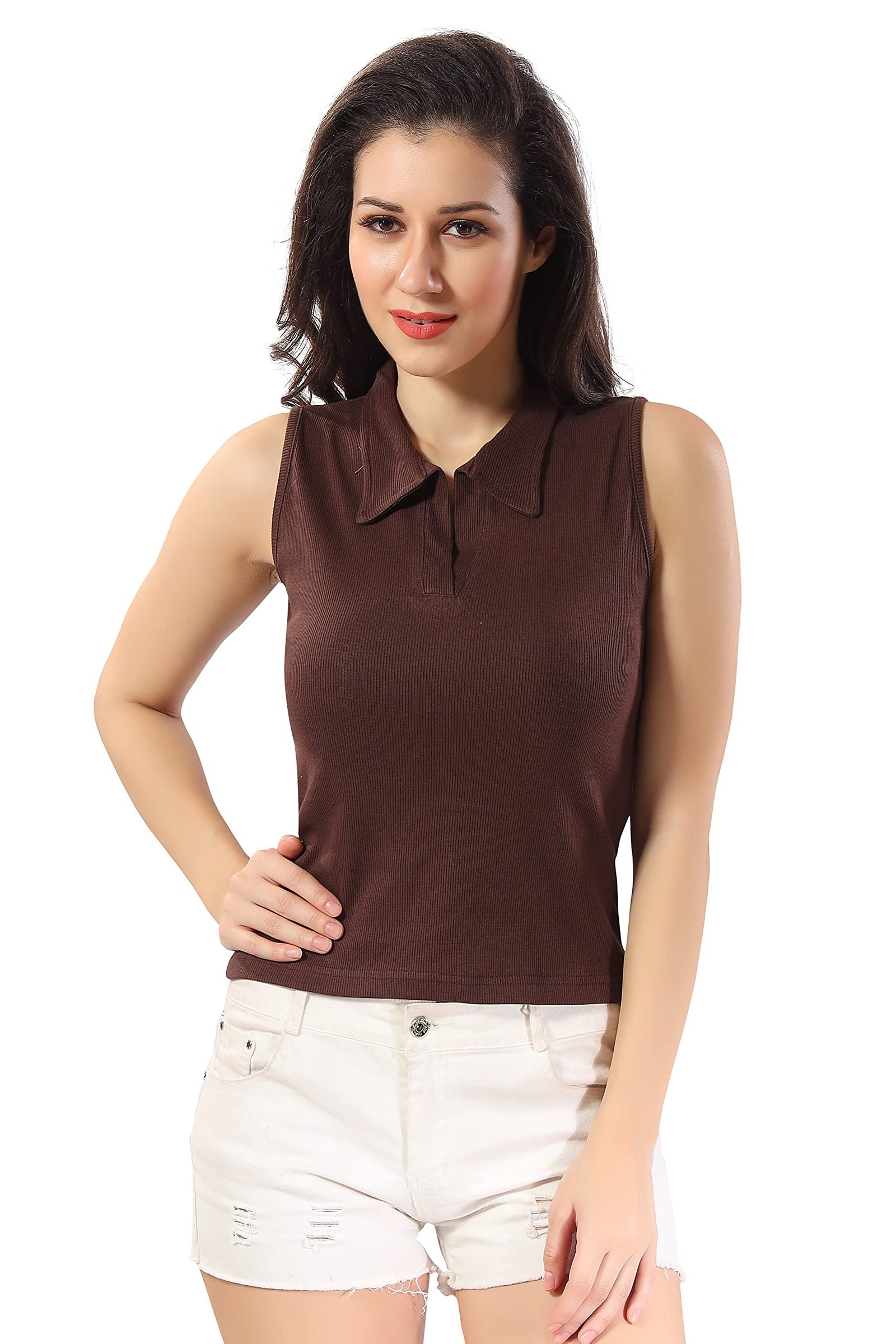 TRASA Women’s Sleeveless Rib Knitted Cotton Racer Back Tank Tops Collared Neck Crop Tank Tops – Available Sizes -XS, S, M,L,XL,2XL
