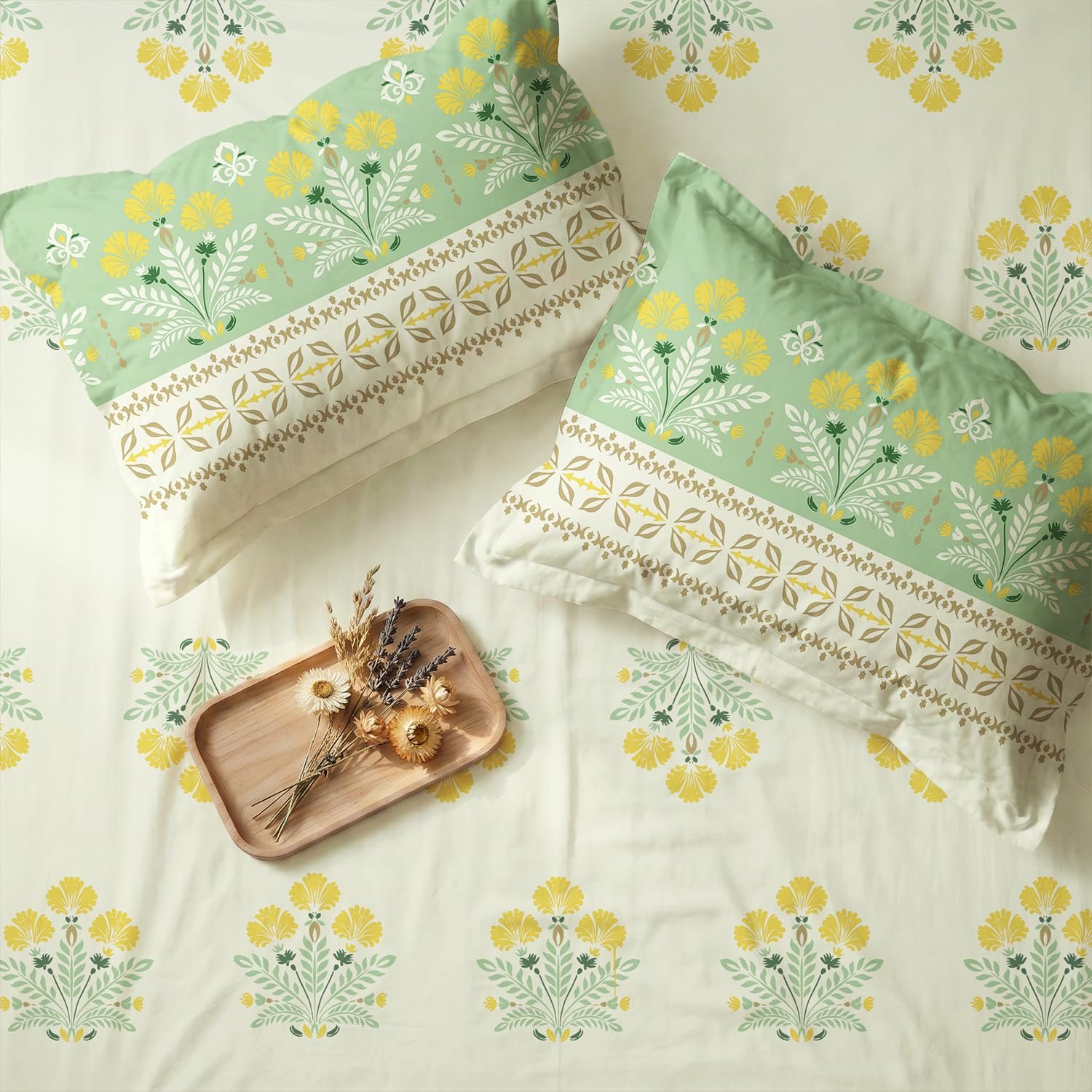 Urban Space Serene 100% Cotton King Size Bedsheet, 200 TC Super Soft Bed Sheet for King Size Bed, Floral King bedsheet with 2 Pillow Covers (108 x 108 Inches, Malhaar Sage Green)